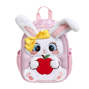 Pink cartoon rabbit backpack for toddlers with plush 3D bunny design and apple detail
