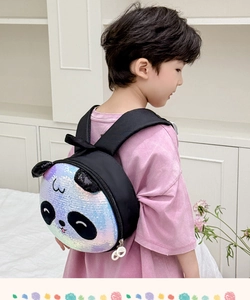 Detail of iridescent sequin panda backpack for toddlers with smooth zipper closure