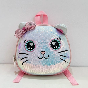 Detailed close-up of colorful sequins and cat ear design on a girl's hardshell backpack