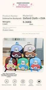 Detailed view of lightweight submarine-shaped kids backpack in five colors with dimensions