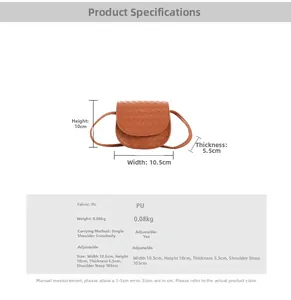 Brown quilted PU leather mini round bag showing dimensions of 10.5cm width and 10cm height