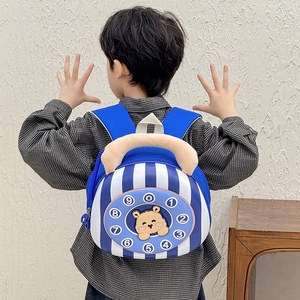 Cute retro telephone-shaped kids backpack with striped canvas and plush bear design