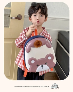 Close-up of cute cartoon bear backpack with plush ball detail on high-quality material
