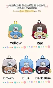 Multiple views of colorful bear submarine kids backpacks in yellow red and blue