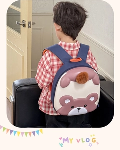 Detail of cute bear cartoon backpack with 3D ears on a child's back from rear view