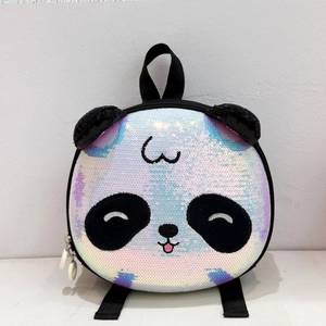 Close-up of the panda sequin backpack showing iridescent scales and embroidered details