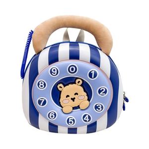 Cartoon bear toddler backpack with vintage rotary phone dial and blue stripe pattern