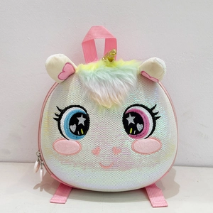 Close-up of kids unicorn backpack featuring sequin shell, colorful faux fur and gold horn