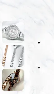 Macro detail of luxury tassel watch with rhinestone bezel and butterfly clasp finish