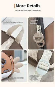 Detail view of toddler backpack featuring handle, brand zipper, and mesh straps
