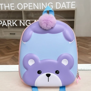 Close-up of cute bear EVA hard shell kids backpack with purple pompom and pink zippers