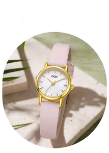 Detailed shot of GEDI watch with pink leather strap and gold mother-of-pearl dial