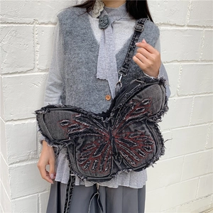 Large butterfly denim crossbody bag for kids with red embroidery and frayed edges