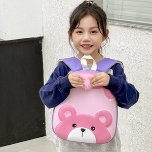 Cute pink and purple toddler backpack with 3D cartoon bear for kindergarten kids