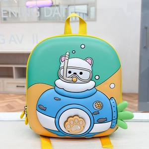 Close-up of 3D bear submarine relief on hard shell kids backpack with dual zippers