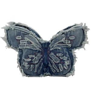 Large capacity denim butterfly crossbody bag with fringe edges and red stitching for kids