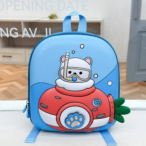Detailed close-up of a blue 3D hard shell children backpack with cartoon bear and submarine