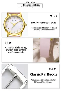 Detail of pink leather strap watch with mop dial and adjustable gold buckle