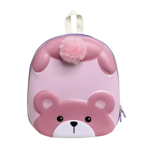 Pink cartoon bear backpack for kids featuring 3D molded EVA shell and purple zippers