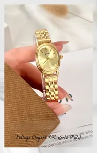 Close-up of elegant gold oval watch face and chain strap held against a soft aesthetic background