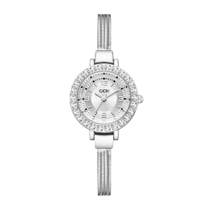 Silver GEDI women's watch featuring a crystal-studded bezel and stylish mesh tassel strap