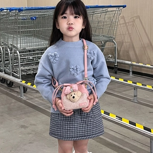 Borsa a tracolla rosa in peluche con cagnolino e fiocco per bambini autunno inverno