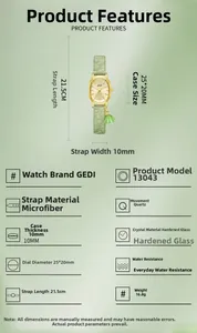 Technical specifications of the gold oval watch featuring a floral charm and green strap