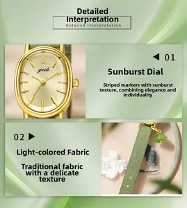 Detail of golden oval watch face with green fabric strap and lotus pendant accessory