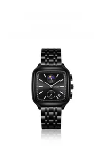 Macro view of GEDI black stainless steel business watch with moon phase and date window