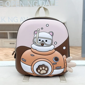 Detailed view of kids 3D hard shell submarine backpack with cute bear cartoon design