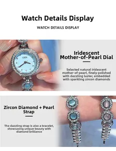 Détail de la montre GEDI avec cadran en nacre et lunette sertie de zircons étincelants