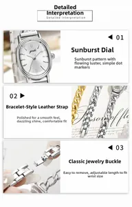 Detail view of the oval sunburst dial and adjustable metal bracelet on this women watch