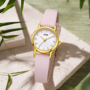 Elegant women's watch with pink leather strap, gold case and white pearl dial