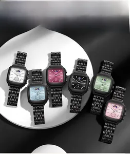 Close-up of square business watches with multi-color dials and metal straps in six variations