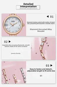 Vue macro d'une montre or rose avec cadran en nacre et bracelet en alliage diamants