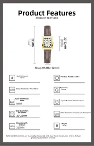 Technical specifications of GEDI vintage square quartz watch with brown microfiber strap
