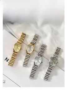 Four elegant oval quartz watches with metallic straps displayed on stylish magazine background