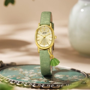 Women Quartz Watch Oval Gold Alloy Case Green Faux Leather Strap With Elegant Pendant Vintage Chinese Style Elegant Ladies Jewelry Wristwatch