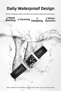 Detail of square quartz watch featuring a black dial and daily waterproof splash scene