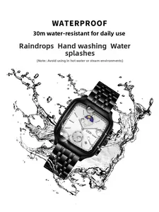 Waterproof business watch with moon phase dial featuring high-impact water splash effect