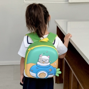 Lightweight green 3D hard shell kids backpack with cute submarine cartoon illustration