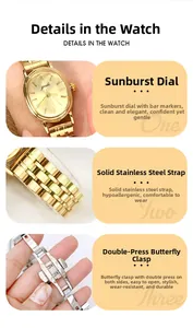 Macro detail of sunburst dial, solid steel strap and butterfly clasp on women's watch