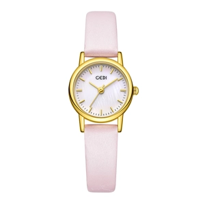 Elegant women's watch with pink satin strap and white mother of pearl dial in gold case