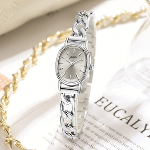 Minimalist oval silver chain watch for women featuring a sleek metal link bracelet