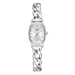 Elegant silver oval quartz watch for women with minimalist dial and stylish metal chain strap