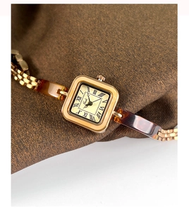 Detailed macro of vintage square gold watch with tortoise shell chain link strap