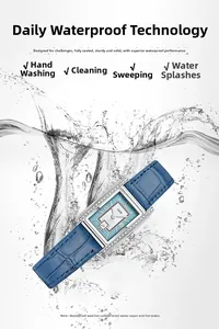 Macro shot showing the water-resistant rectangular watch with its blue dial and crystals