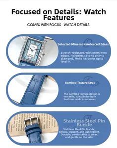 Detail of blue leather strap with bamboo texture and scratch-resistant mineral glass watch face