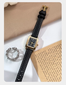 Detail view of GEDI vintage square watch with black leather strap and Roman numerals