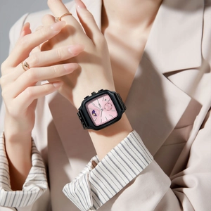 GEDI Women's square watch with pink dial, black metal strap and moon phase feature